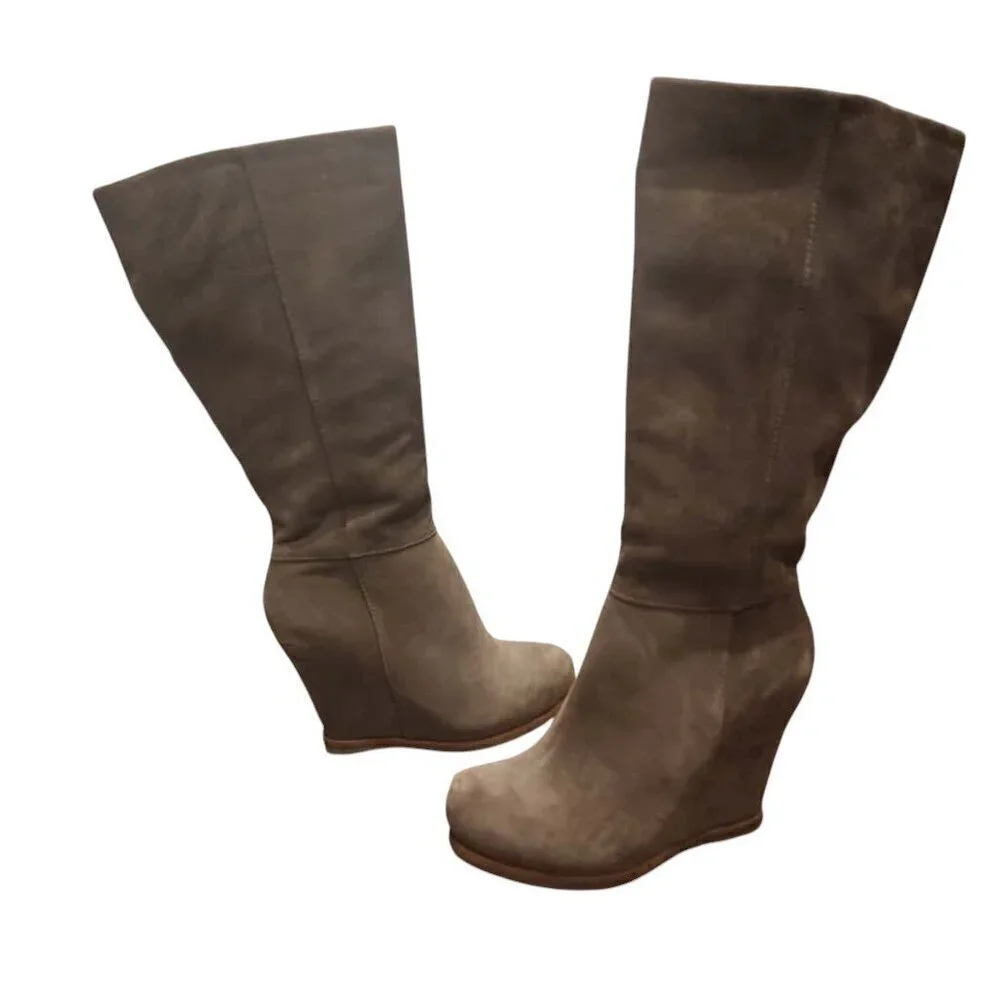 Lucky Brand Wedge Heel Boots Women's Brown Suede Leather Size 8M Fits 6.5-7